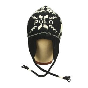 NEW Polo Ralph Lauren Moose Shetland Wool Trapper Hat Snowflake Tassel Black